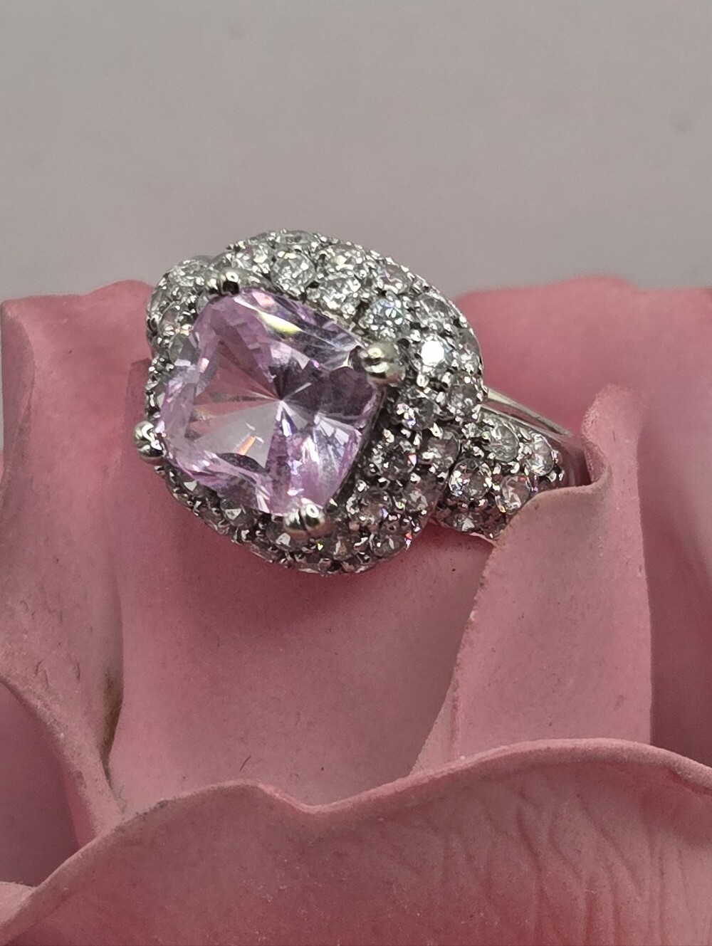 14k White Gold Meda Pink Topaz  Ring with Pavé Accent